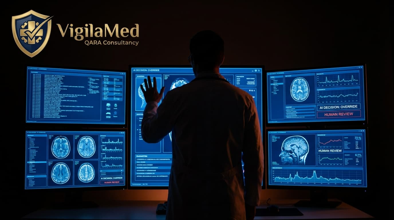 Human oversight requirements for AI medical devices — clinician reviewing and overriding AI diagnostic outputs