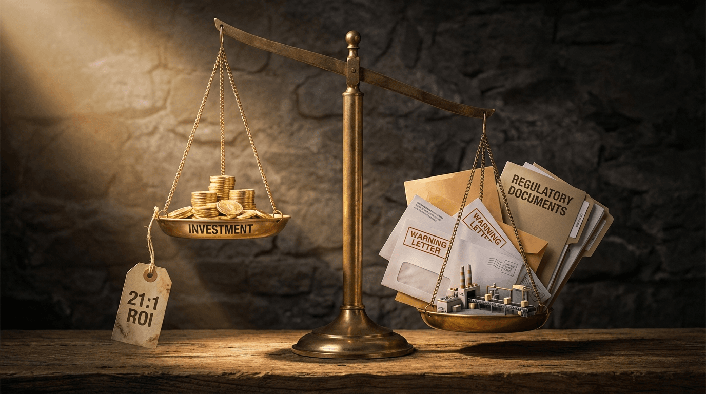 ROI balance scale investment versus warning letter regulatory cost