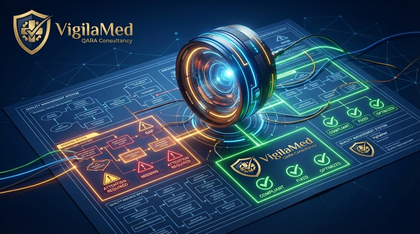VigilaMed gap analysis — identifying compliance gaps across ISO 13485, EU MDR, and EU AI Act frameworks